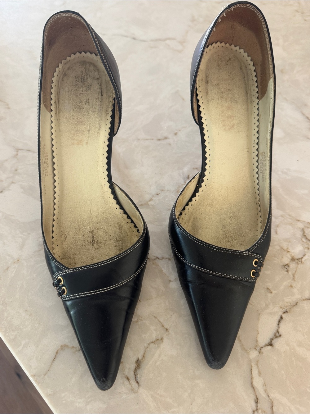 Lauren Ralph Lauren Black Pointed-Toe Leather Pumps with Gold Accents